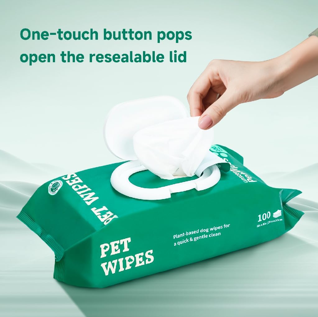100 Count Dog Wipes for Paws and Butt, Plant-Based Gentle Ingredients, Hypoallergenic Fragrance Free Pet Wipes for Puppy Sensitive Skin Cleaning, Grooming, and Deodorizing, 8" x 8", Unscented