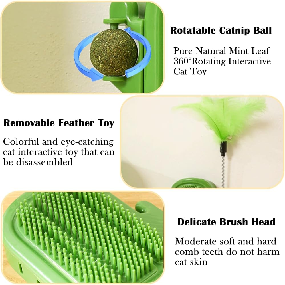 3 in 1 Cat Self Groomer Brush, Cactus Style Wall Corner Massage Comb Scratcher with Feather Toys & Catnip Ball for Indoor Cats, Pet Tickling Artifact, Cat Face Scratchers for Fur Pets