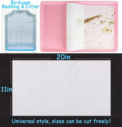 Firdnyohs 100PCS Bird Cage Liner Papers, Disposable Cage Paper Liners Precut Absorbent Cushion Pad Mat Accessories for Pet Bird Parrot (White)
