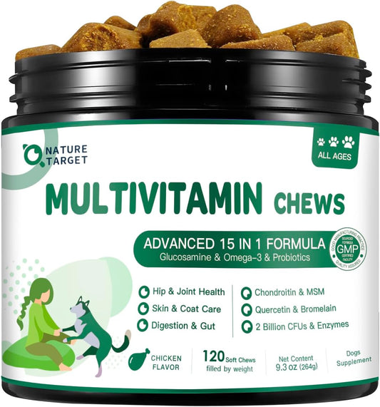 NATURE TARGET Multivitamin for Dogs - with MSM & Glucosamine, Omegas 3 & 6, Probiotics for Digestive Health, Joint Support, Skin & Coat, Immune System & Overall Health 120 Soft Chews