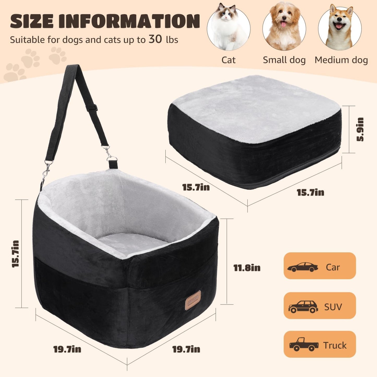 Nobleza Dog Car Seat, Warm Elavated Dog Booster Sofa Seat Non-Slip Travel Bed for Car Truck SUV with Adjustable Safety Buckle Storage Pockets, Washable Detachable Elevated for Small Medium Pet Outing