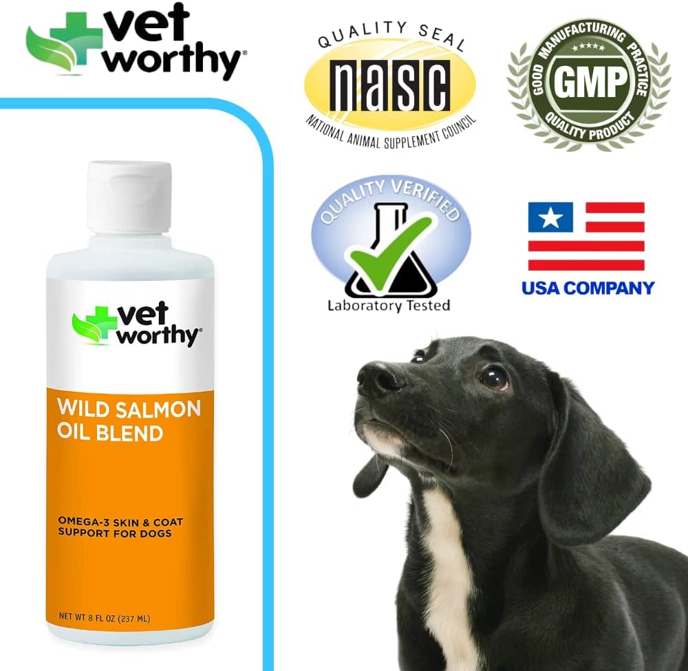 Vet Worthy Wild Alaskan Salmon Oil Blend for Dogs - Dog Supplement to Support Healthy Skin and Beautiful Coat - Fish Oil Supplement with EPA, DHA, and Omega 3 Fatty Acids - Salmon Flavor, 8oz