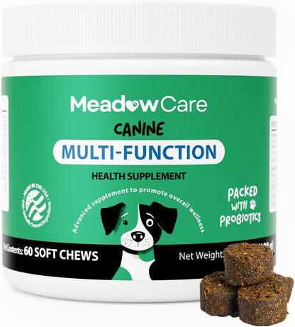 Multi-Function Supplement for Dogs | Supportive Daily Nutritional Soft Chews | Joint Mobility, Skin & Coat | Immune Support with Probiotics | 60 Count, 180 g (6.35 oz) | by Meadowcare