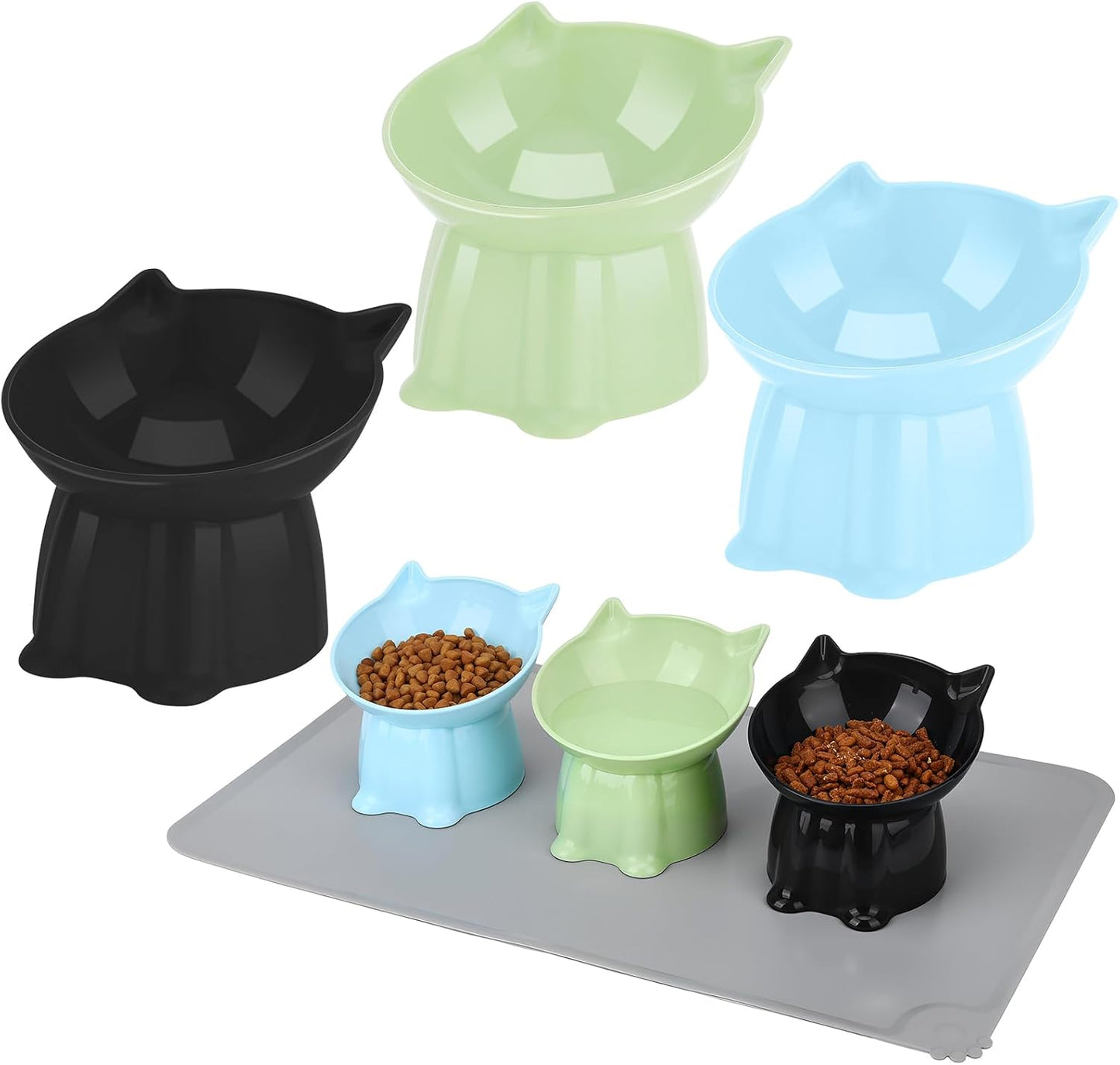 3 Pcs Elevated Cat Bowls 15°Raised Cat Food Bowl with Silicone Mat Whisker Friendly Anti Vomiting Cats Dishes Pet Food and Water Bowls for Indoor Cats Kittens Classic Blue, Black, Green Colors