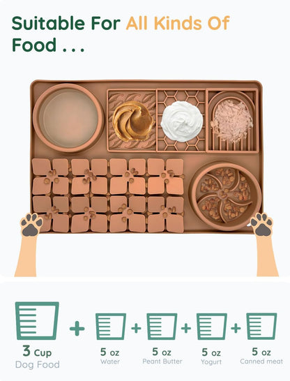 Slow Feeder Bowl Bundle: Brown 4in1 Licking mat (15.75" x 10.5" x 1.2") + Green Starry Sky Feeder (4.3" x 2.9"), Silicone Lick mat with Suction Cups for Slow Eating and Keep Busy