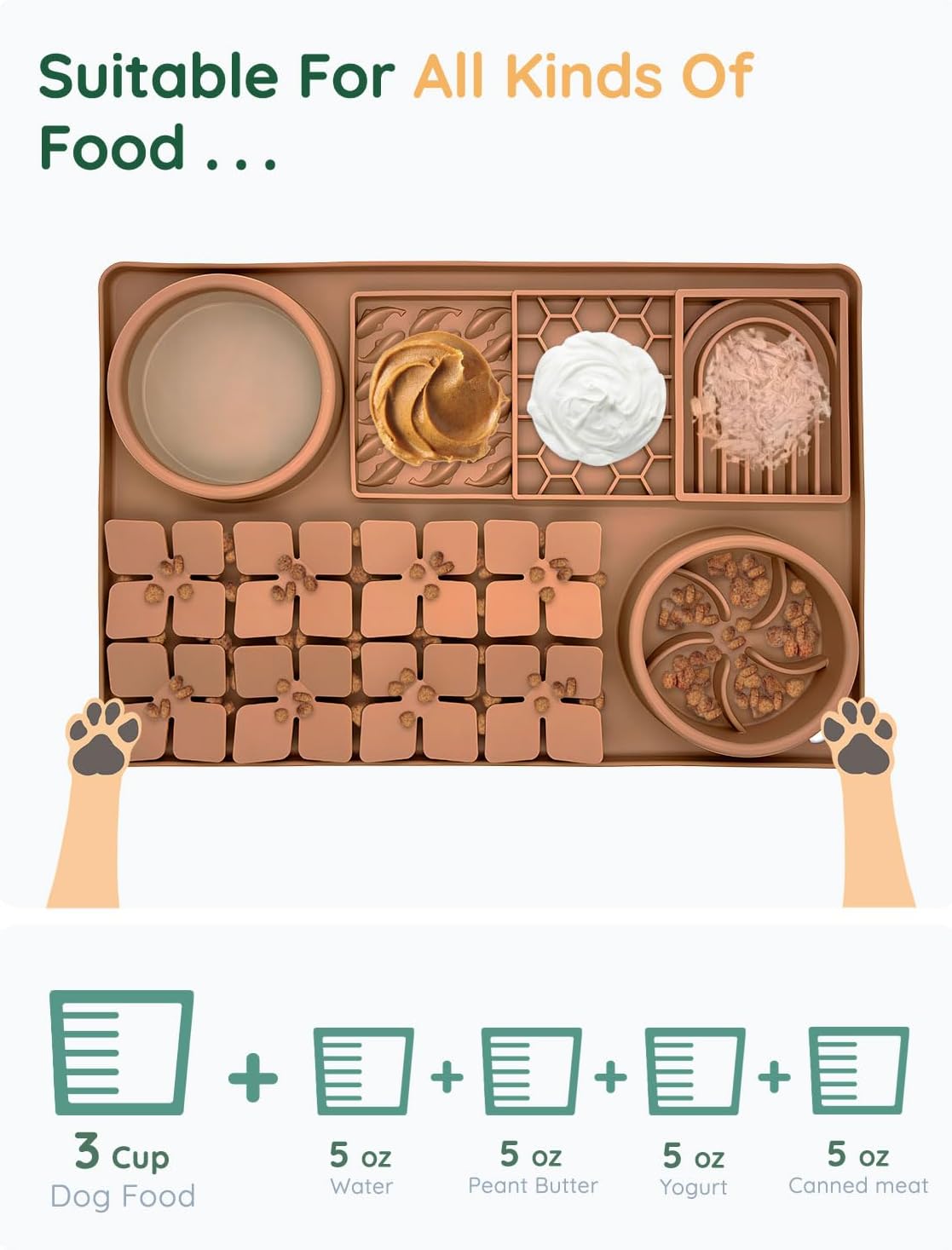 Slow Feeder Bowl Bundle: Brown 4in1 Licking mat (15.75" x 10.5" x 1.2") + Green Starry Sky Feeder (4.3" x 2.9"), Silicone Lick mat with Suction Cups for Slow Eating and Keep Busy