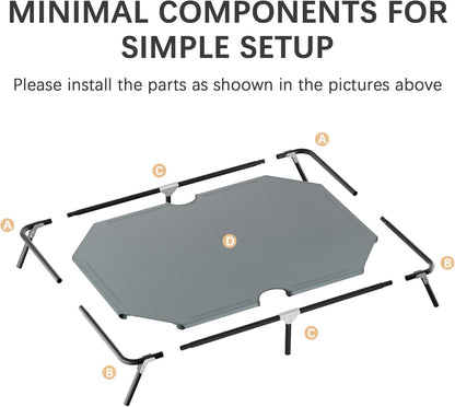 Elevated Outdoor Dog Bed for Large Dogs, Portable Folding Camping Dog Bed, Washable Elevated Pet Beds with No-Slip Feet, Raised Cooling Pet Beds for Indoor & Outdoor Use, Grey, 44 Inches