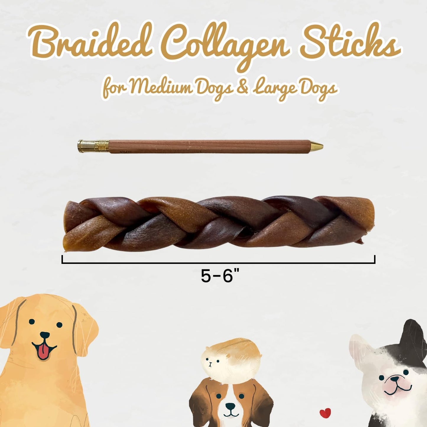 Braided Collagen Sticks for Medium & Large Dogs, 5-6 Inch Beef Collagen Dog Chews Long Lasting, Dog Treats for Aggressive Chewers & Bully Stick Alternative