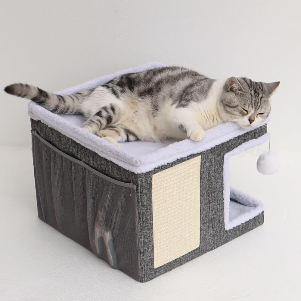 Beds for Indoor Cats,Large Cat Cave for Pet Cat House with Fluffy Ball Hanging and Scratch Pad,Side with Toy Storage Bag,Non-Slip Bottom