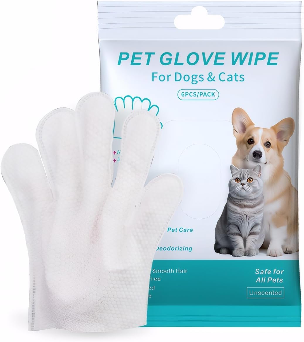 Pet Glove Wipe for Dogs & Cats, Hypoallergenic, Rinse Free, Cleansing and Deodorizing, Cat & Dog Wipes for Paws and Butt, 6 PCS/Pack (2Pack)