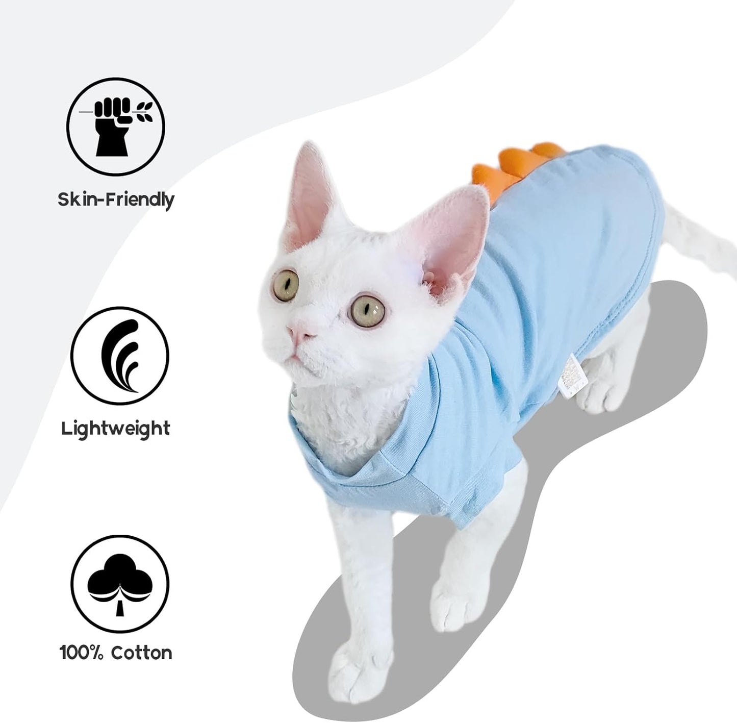 QBLEEV Sphynx Cat Clothes – Soft Cotton Dinosaur Shirt for Hairless Cats Only, Breathable Pet Daily Wear Apparel for Summer, Kitten Costume Pajamas for Indoor/Outdoor Use, XS-2XL