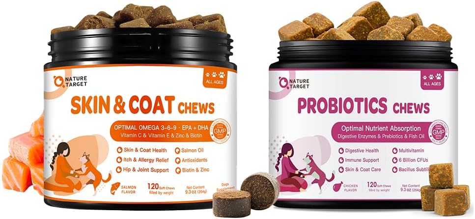 Probiotics for Dogs, Omega 3 Fish Oil for Dogs Allergies & Immune & Itchy Skin Relief - 120 Chews