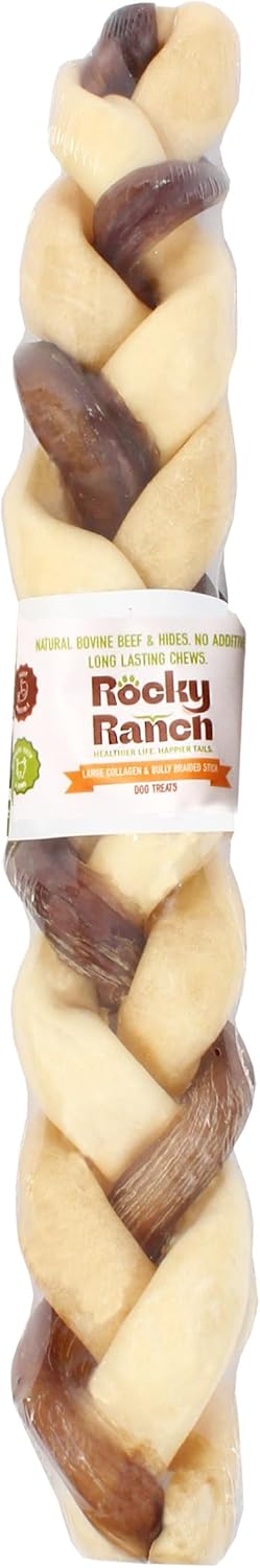 Rocky Ranch, Large Collagen and Bully Braided Stick, Beef Flavor, 3.53 oz, Adult Dog, Natural Chew Treats, Dental Care, High Protein. 1 Count. No additives