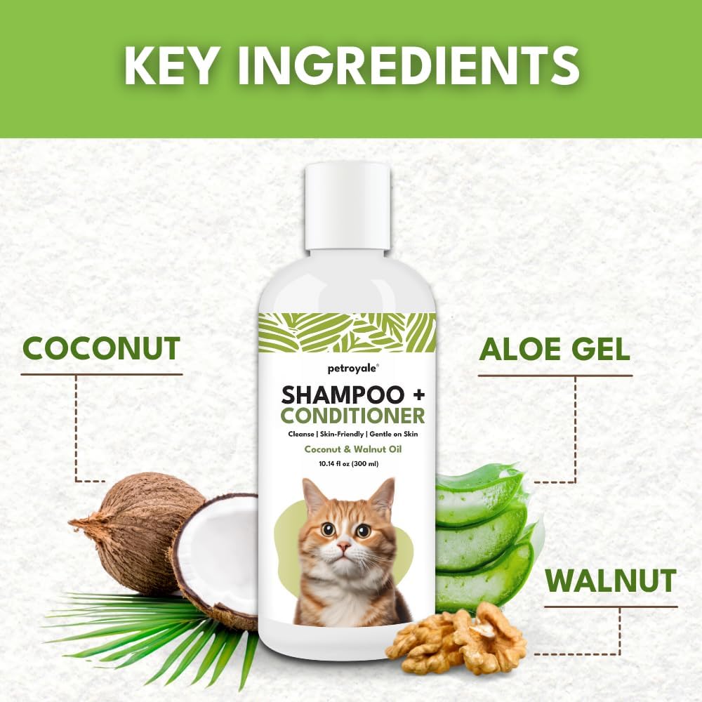 2-in-1 Cat Shampoo and Conditioner – Persian Cat Shampoo – Kitten Shampoo for Cats – Cat Shampoo for Dandruff – Pet Shampoo for Cats with Aloe Vera, Coconut & Walnut – 10.14floz