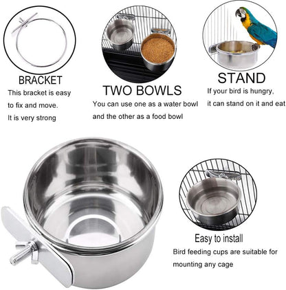 PINVNBY Parrot Feeding Cups Birds Food Dish Stainless Steel Parrot Feeders Water Cage Bowls with Clamp Holder for Cockatiel Conure Budgies Parakeet Parrot Macaw Small Animal Chinchilla Pack of 2