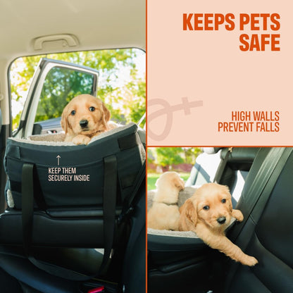 Center Console Dog Seat for Small Dogs & Cats | Pet Car Seat with Safety Strap & Cushion | Portable Middle Console Dog Bed | Secure Travel Booster Seat by Carver Park