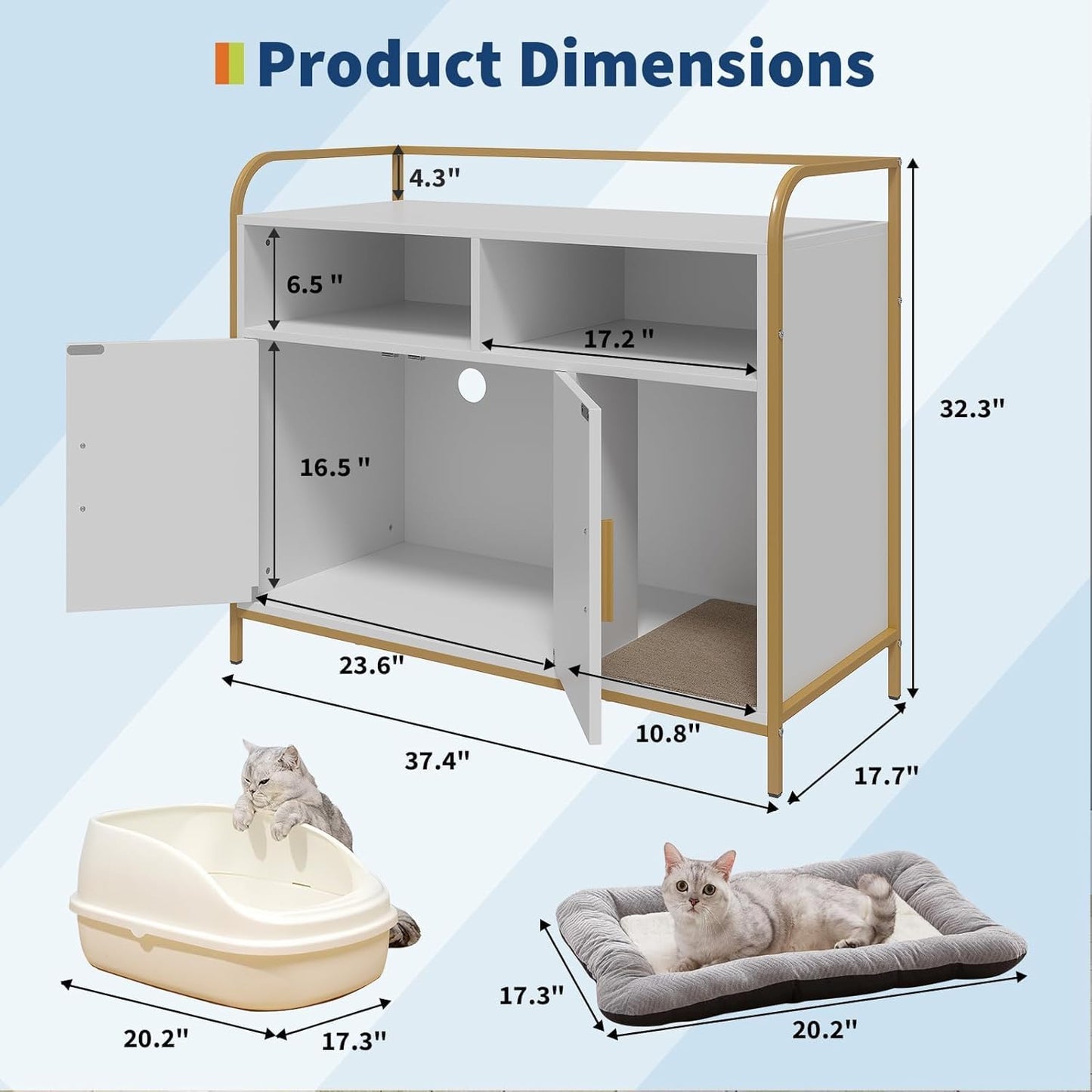 GAOMON Modern Cat Litter Box Enclosure with Metal Frame, Hidden Cat Litter Box Side Table with Dual Storage Shelves, Multi-Functional Indoor Cat House Cabinet for Living Room & Bedroom, White
