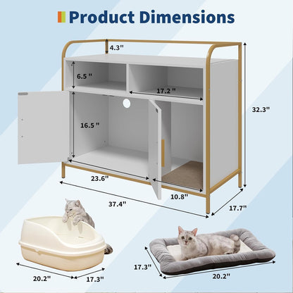 GAOMON Modern Cat Litter Box Enclosure with Metal Frame, Hidden Cat Litter Box Side Table with Dual Storage Shelves, Multi-Functional Indoor Cat House Cabinet for Living Room & Bedroom, White