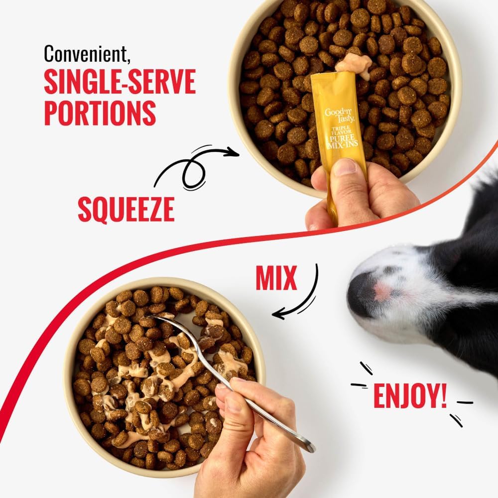 Good 'n' Tasty Triple Flavor Puree Mix-Ins Dog Food Topper Treats for All Dogs, 7 Count, Easy Single-Serve Portions, Added Protein with Chicken, Salmon and Duck (Pack of 2)