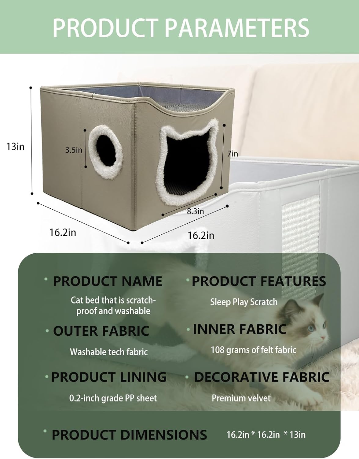 Cat Beds for Indoor Cats, Large Cat Houses with Cozy Condo,with Premium Tech Fabric& Scratch Pad, Round Window, Foldable Indoor Cat House Hold Up to 30LBS, with Reversible Cushion for Multi Small Pet