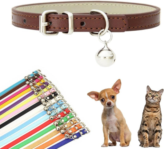 Brown Kitten Collar with Bell, Faux Leather Puppy Collar with Bells Pu Basic Boy Cat Collars for XXS XSmall Small Medium Pet Male Dogs Little Cats Tiny Animal, XXSmall