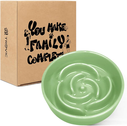 TRUVIC Ceramic Slow Feeder Dog Bowls, 1.5 Cup Puzzle Slow Feeder Bowls for Fast Eaters, Ceramic Dog Food Dish no Black Chin, Puzzle Bowl for Medium Dogs, Green