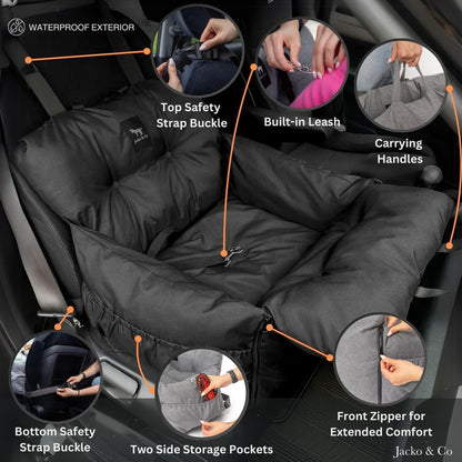 JACKO & CO Premium Dog Car Seat – Safe & Cozy Travel Bed and Carrier for Small Dogs, Puppies, Pets up to 25 lbs, Clip-On Leash & Storage Pockets, Water-Resistant, Machine Washable (Black, Small)