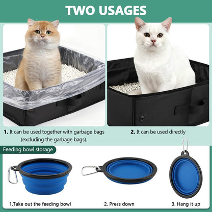Travel Litter Box for Cats, Portable Litter Box with Scoop & Bowl, Leak Proof,Waterproof Collapsible Carrier for Car, Outdoor, Hotel