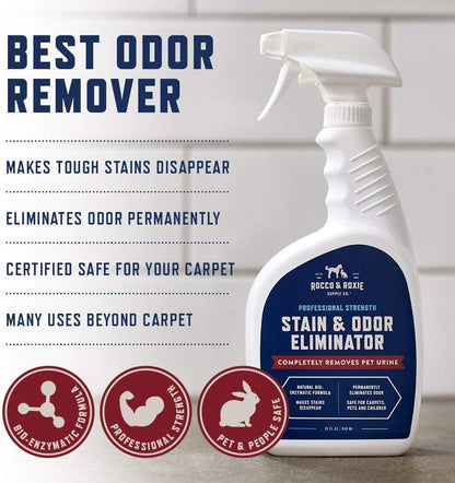 Rocco & Roxie Supply Co. Stain & Strong Odor Eliminator, Enzyme Cleaner, Pet Odor Eliminator for Home - Carpet Stain Remover for Cats & Dog Pee - Urine Destroyer - Carpet Cleaner Spray, 1-Gallon