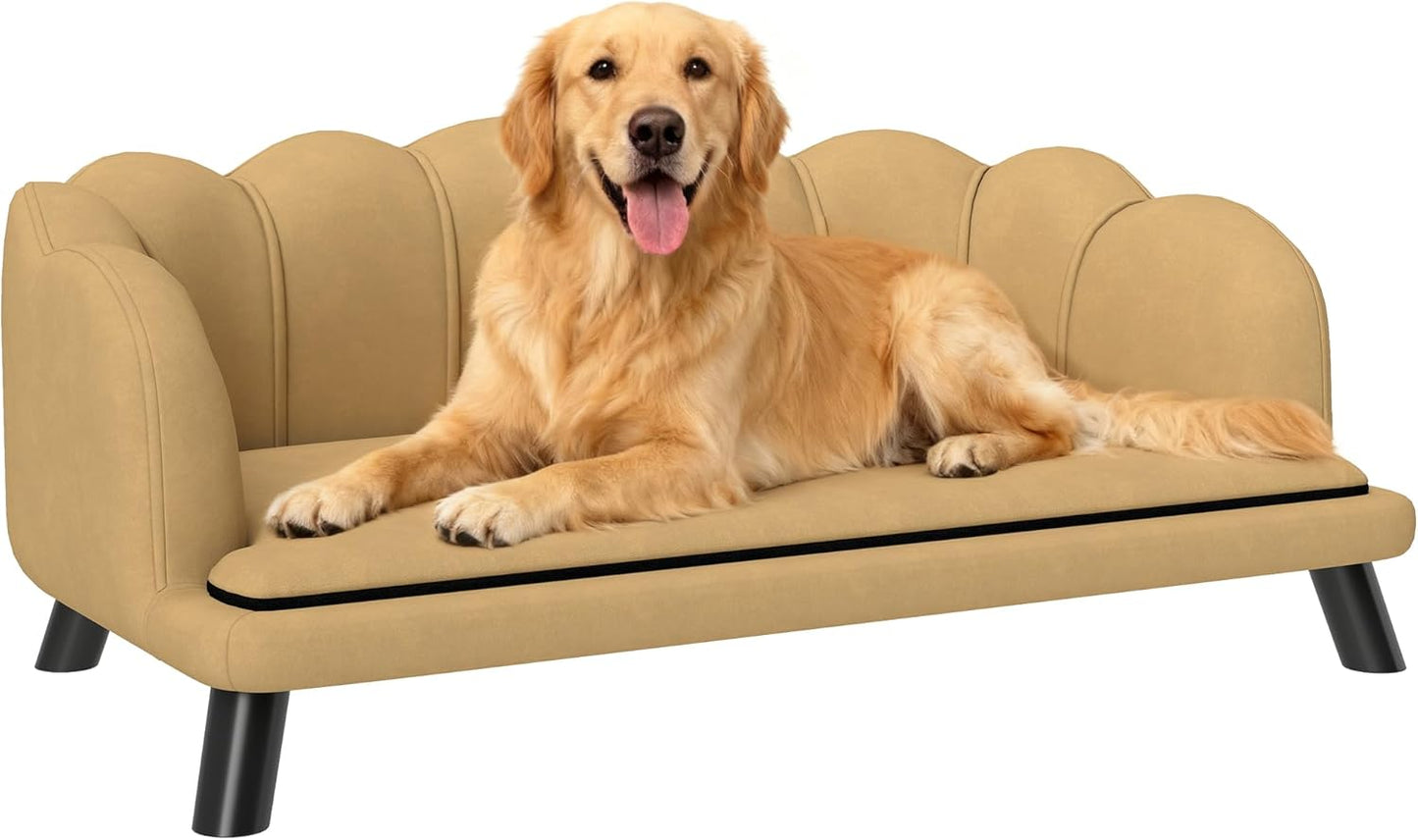PawHut Velvet Large Dog Couch with Foam Cushion, Soft and Cute Dog Bed with Pearl Design, Pet Sofa for Big and Medium Breeds, Coffee