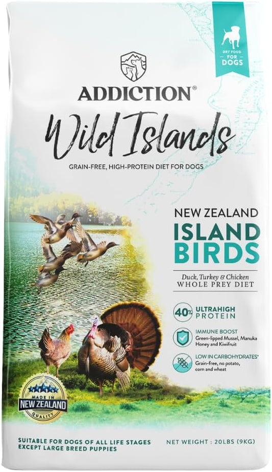 Addiction Wild Islands Island Birds - New Zealand Duck, Turkey, & Chicken - Whole Prety Diet with Organ Meats - High-Protein - Grain-Free Dry Dog Food for All Life Stages - 20lbs
