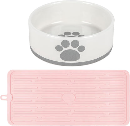 Small Dog & Cat Feeding Combo Set (Includes Non-Slip Mat & Ceramic Bowl) Non-Slip Waterproof Placemat | Dishwasher Safe, Healthy & Easy to Clean | Spill-Resistant