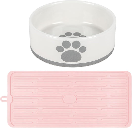 Small Dog & Cat Feeding Combo Set (Includes Non-Slip Mat & Ceramic Bowl) Non-Slip Waterproof Placemat | Dishwasher Safe, Healthy & Easy to Clean | Spill-Resistant