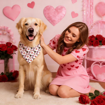 Valentine's Day Dog Bandana, Coffee and Donuts Print Pet Bandana, Valentine's Day Pet Photo Accessories, Adjustable Triangle Dog Scarf for Small Medium Dogs