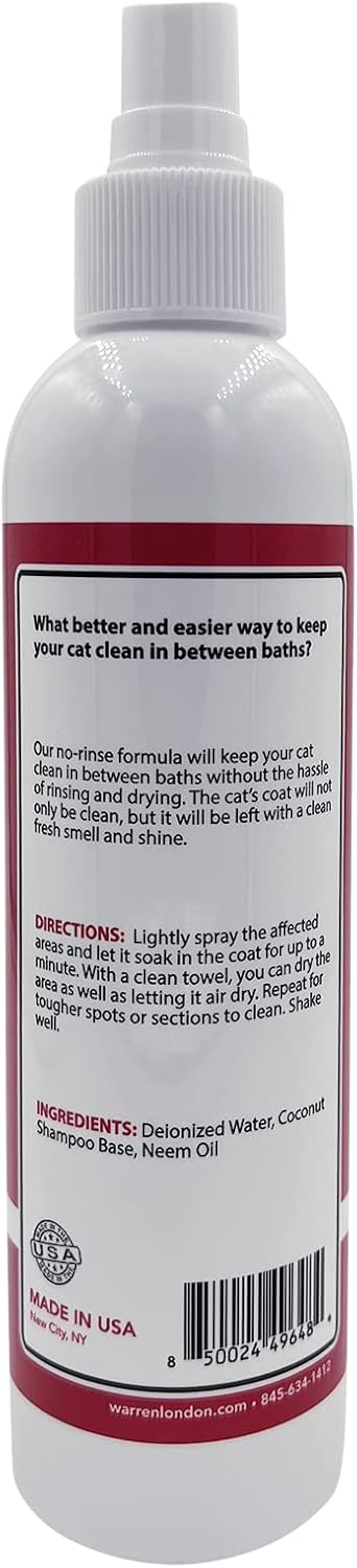 Warren London Cat Dry Shampoo Spray – 8 oz No-Rinse Waterless Cleaner with Neem & Coconut | Mild Citrus Odor Control, Dander & Itch Relief | Quick On-The-Go Grooming | Soap-Free, Made in USA
