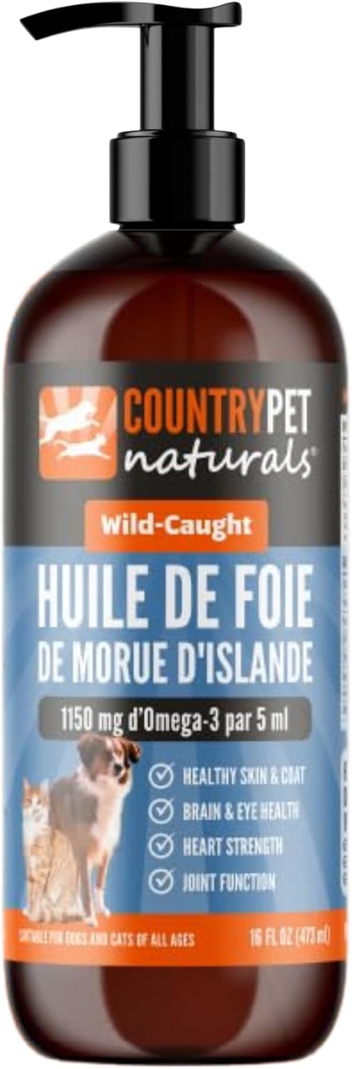 Wild Caught Pure Cod Liver Oil 16oz Highest Omega 3 1150mg/tsp, Highest Purity, High EPA/DHA, Vitamin A & D - Reduces Itching, Healthy Skin & Coat, Mobility, BPA-Free, Pump incl.