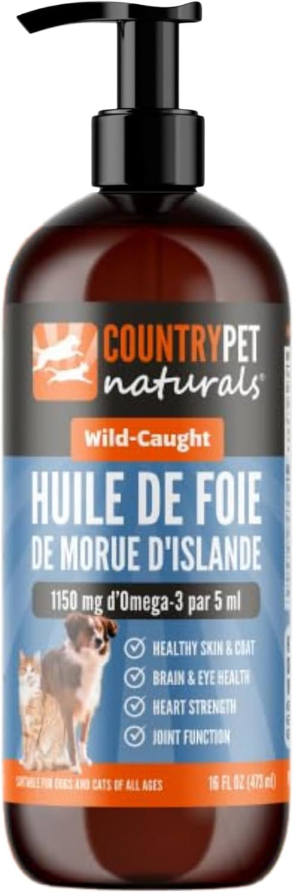 Wild Caught Pure Cod Liver Oil 16oz Highest Omega 3 1150mg/tsp, Highest Purity, High EPA/DHA, Vitamin A & D - Reduces Itching, Healthy Skin & Coat, Mobility, BPA-Free, Pump incl.