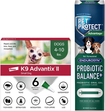 Bundle of K9 Advantix II Small Dog| Dogs 4-10 lbs. | 6-Mo Supply + Pet Protect Probiotic Balance+ Dog Supplement | Oral Gel | 32g
