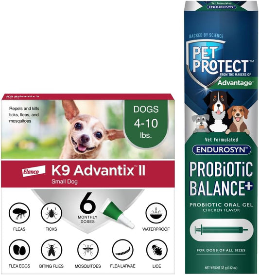 Bundle of K9 Advantix II Small Dog| Dogs 4-10 lbs. | 6-Mo Supply + Pet Protect Probiotic Balance+ Dog Supplement | Oral Gel | 32g