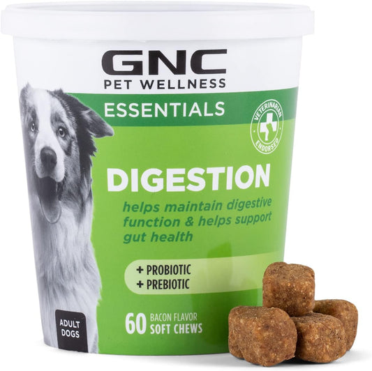 GNC Pets Essentials Digestion Dog Supplements, Probiotic Support Soft Chews in Bacon Flavor for Dogs, Daily Digestion Aid in Reusable Container - Puppy & Adult Pet Health Supplement, 60 Count