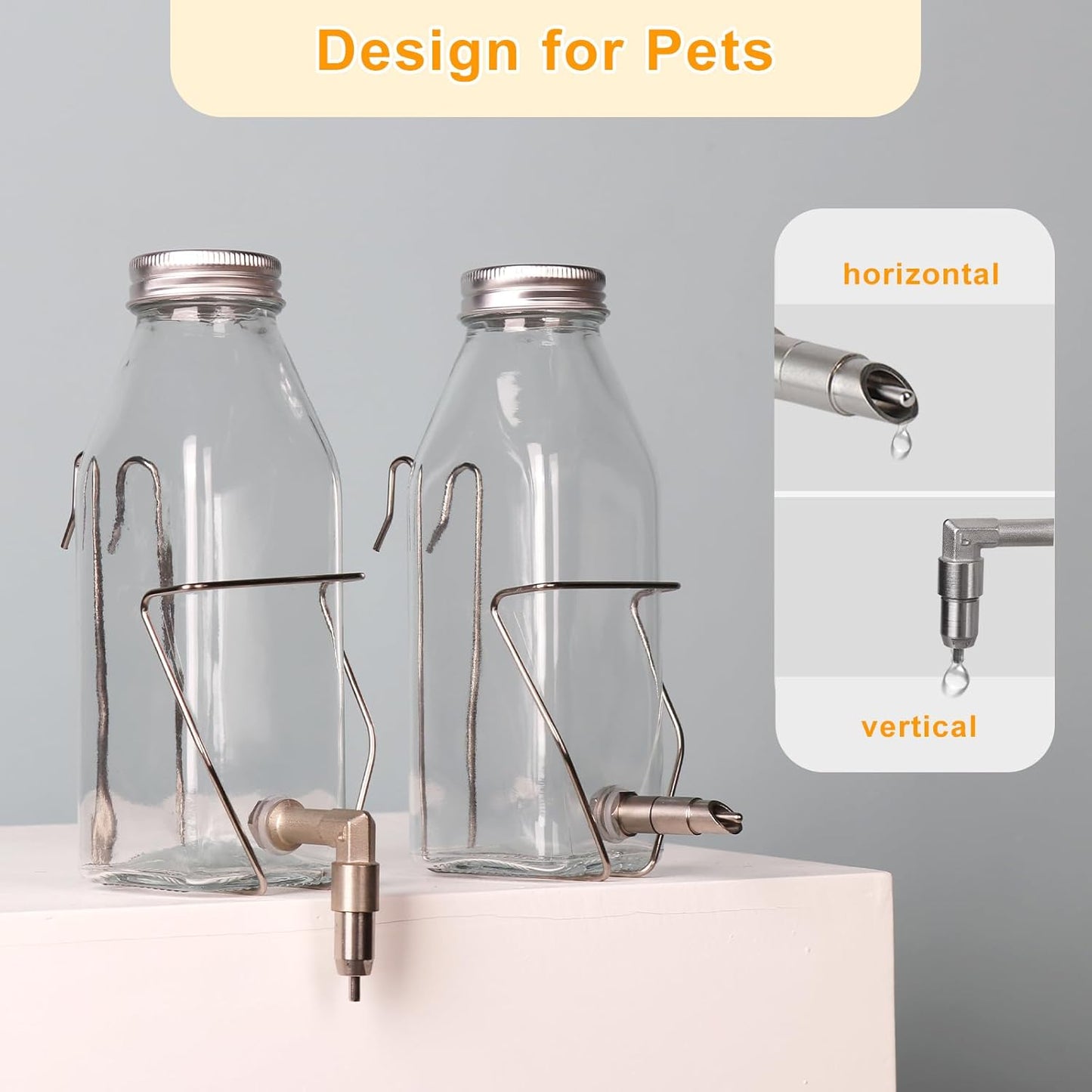 Guinea Pig & Rabbit Water Bottle, 350ml No-Drip Chew-Proof Glass Dispenser with Stainless Steel Nozzle for Hamster, Squirrel, Bird, Guinea Pig Cage (350-S)