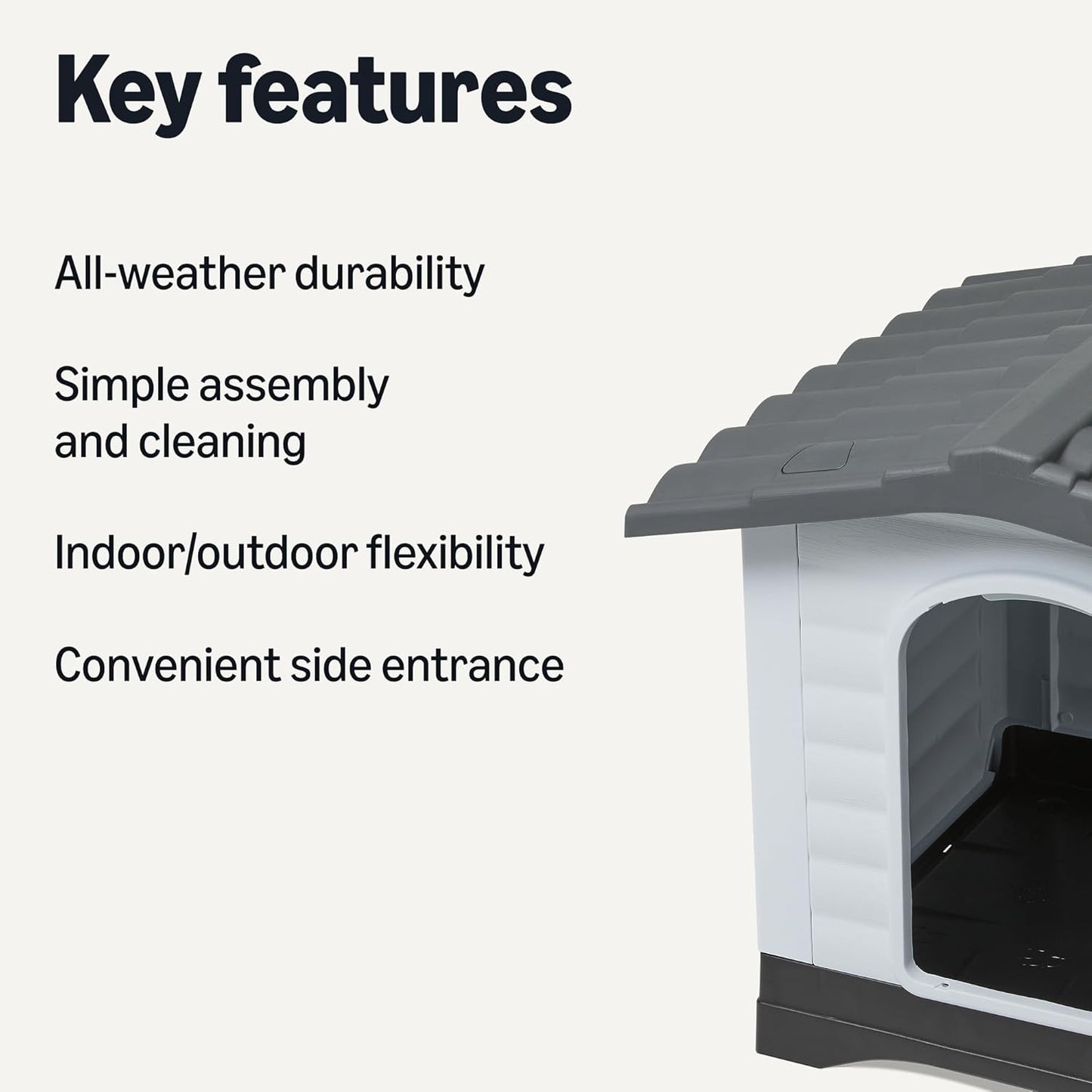 Amazon Basics Plastic Dog House for Small & Medium Dogs - Easy to Assemble & Detachable Structure, Indoor/Outdoor Use, Elevated Floor, Durable & Waterproof, Side Door Access, Undulating Roof Design