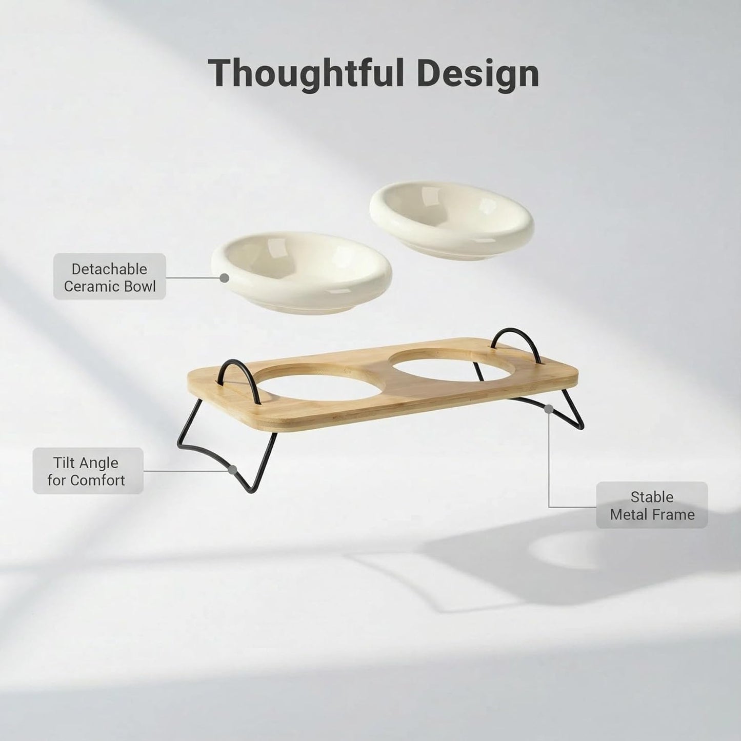 Raised Cat Ceramic Bowls with Wood Stand Kitty Elevated Bowls for Food and Water with Tilted Design Anti-Vomiting, Pet Bowl Set with Stainless Steel Base for Cats and Puppy by TDTOK