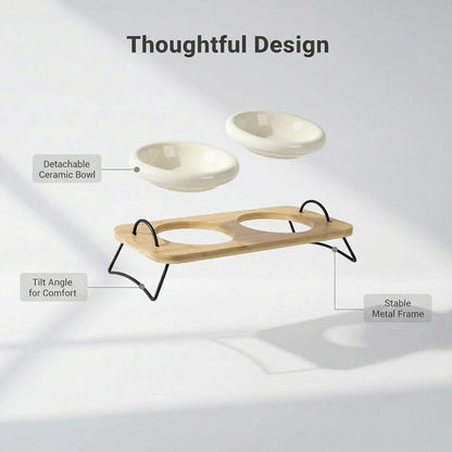 Raised Cat Ceramic Bowls with Wood Stand Kitty Elevated Bowls for Food and Water with Tilted Design Anti-Vomiting, Pet Bowl Set with Stainless Steel Base for Cats and Puppy by TDTOK