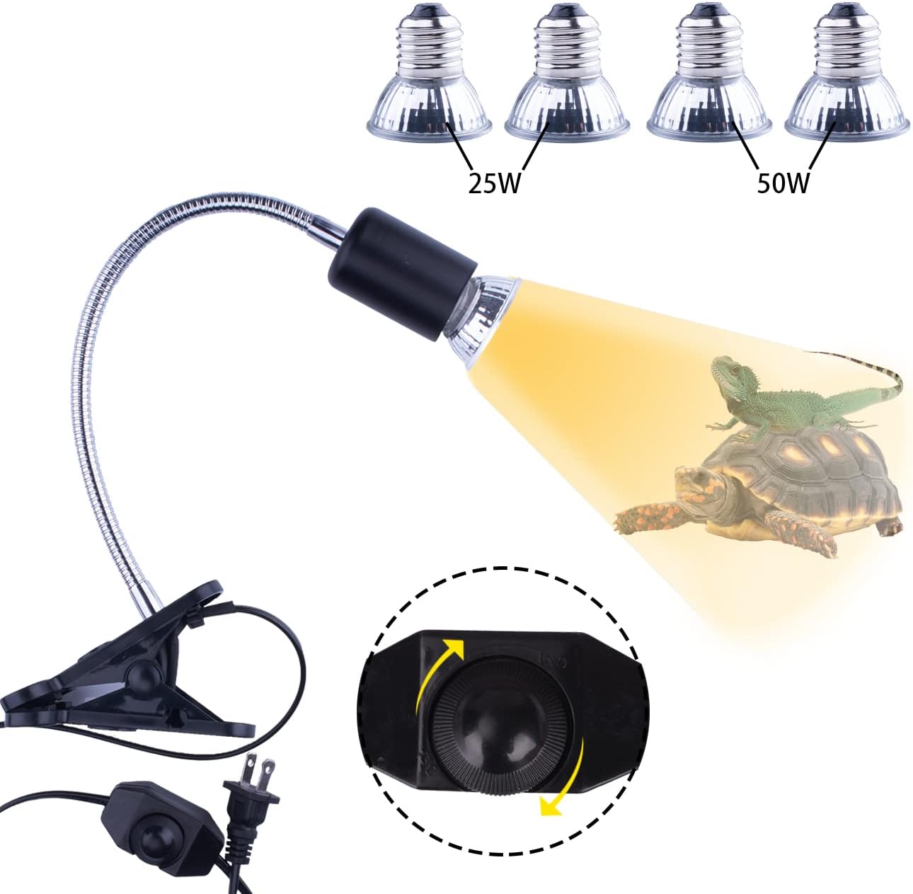 Black Reptile Heat Lamp, UVB Bulb, UVB Reptile Light Fixture, UVA UVB Reptile Light, Aquatic Turtle Heating Lamp, Turtle Aquarium Tank Heating Lamps Holder & Switch with 4 Heat Bulbs