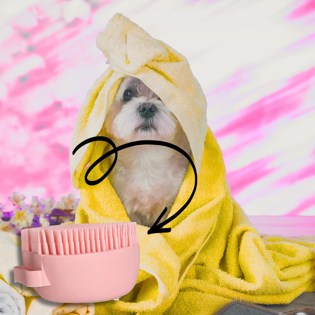 Dog & Cat Bath Brush with Built-In Shampoo Dispenser - 2-in-1 Silicone Pet Grooming Massage Brush for Anxiety Relief & Deep Cleaning - Luxury Spa Treatment (Pink)