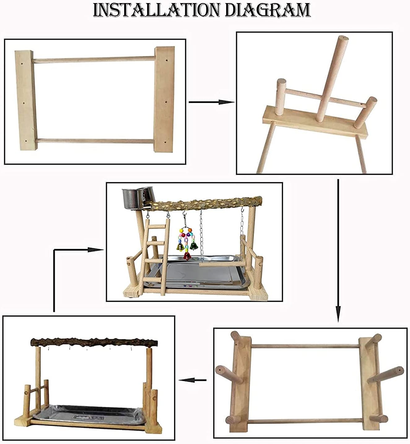 PINVNBY Bird Playground Birdcage Playstand Pet Bird Perch Platform Stand Parrot Play Gym Parakeet Cage Decor Budgie Perch Stand with Feeder Seed Cups Ladder Chew Toys for Small Animals Parrot Parakeet