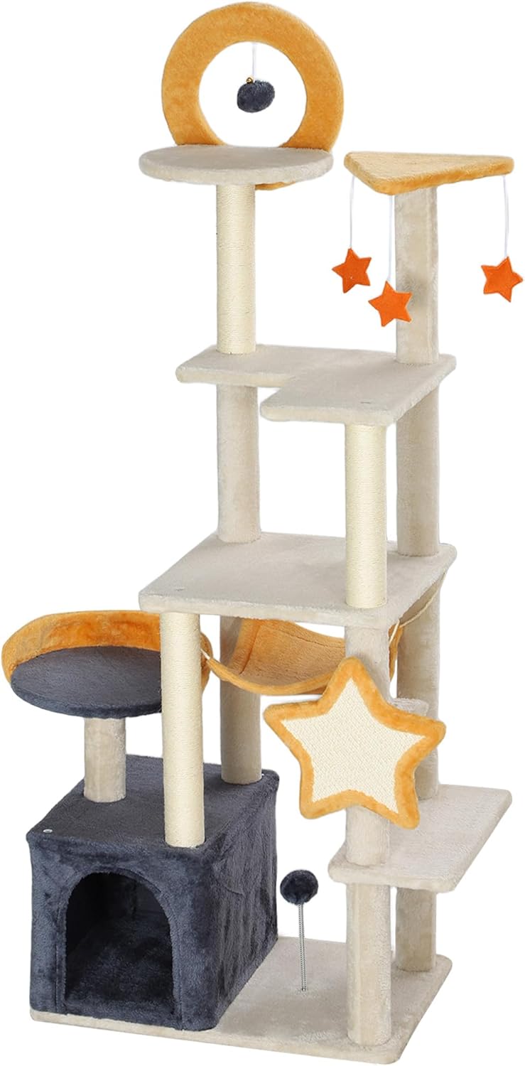63'' Moon & Star Themed Cat Tree Tower for Indoor Cats - Extra Tall Cat Condo with Plush Bed, 5-Tier Platform, Multiple Cat Scratching Posts & Anti-Tip Design (Supports 1-2 Cats Up to 11 lbs)