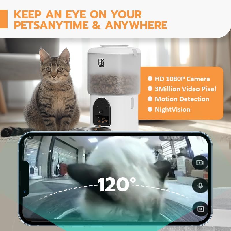 Automatic Cat Feeder with Camera 1080P HD Video 2.4G&5G WiFi Cat Water Fountain with Moving Water Feature Timed Auto Feeder with APP Control,Multiple Cats, Detachable for Easy Clean