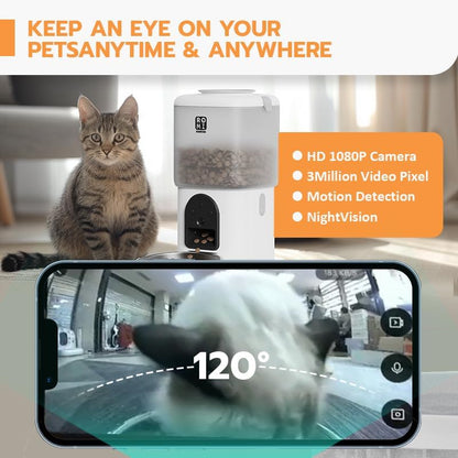 Automatic Cat Feeder with Camera 1080P HD Video 2.4G&5G WiFi Cat Water Fountain with Moving Water Feature Timed Auto Feeder with APP Control,Multiple Cats, Detachable for Easy Clean